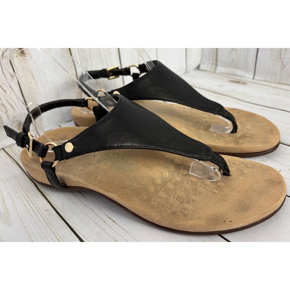 Vionic Kirra Black Leather Backstrap Thong Sandals Womens 8 Orthotic Support